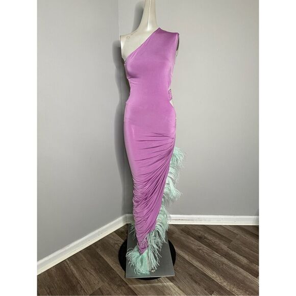NWT Nervi Sylvia Wisteria One Shoulder Cutout Feather Trim Dres Purple Size IT 3 - Picture 5 of 13